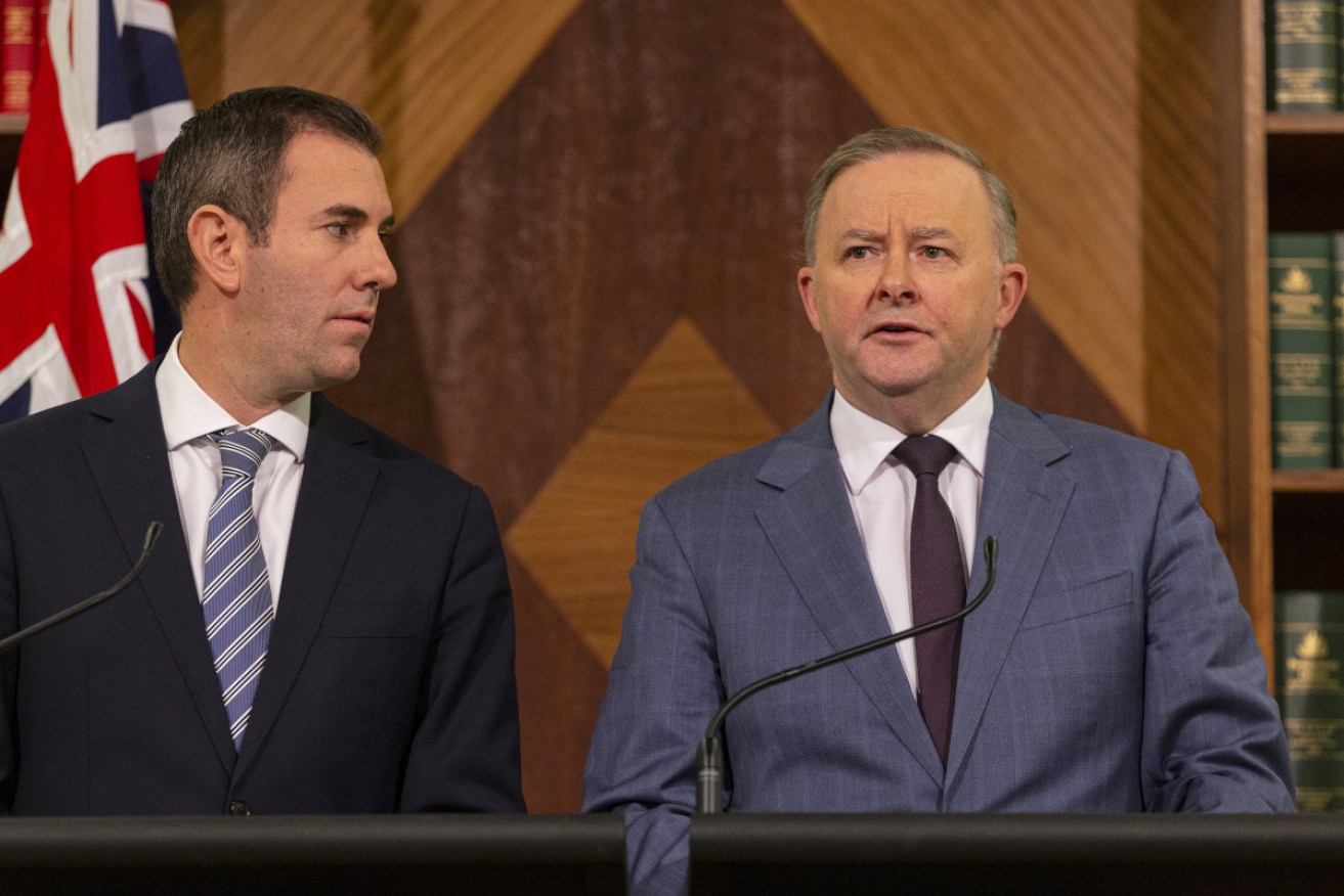 Anthony Albanese, right, and shadow treasurer Jim Chalmers respond to the Coalition's income tax plan.