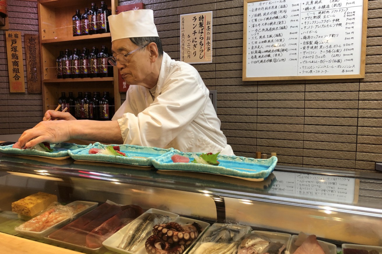 The 85-year-old sushi master chef at work.