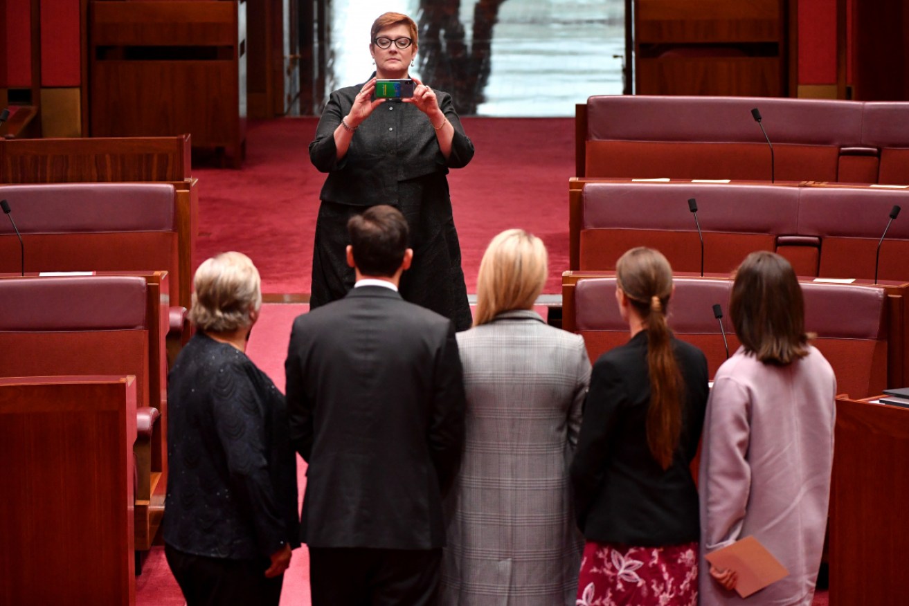 Senators line up to have their photo taken by Marise Payne during Tuesday's opening of parliament.
