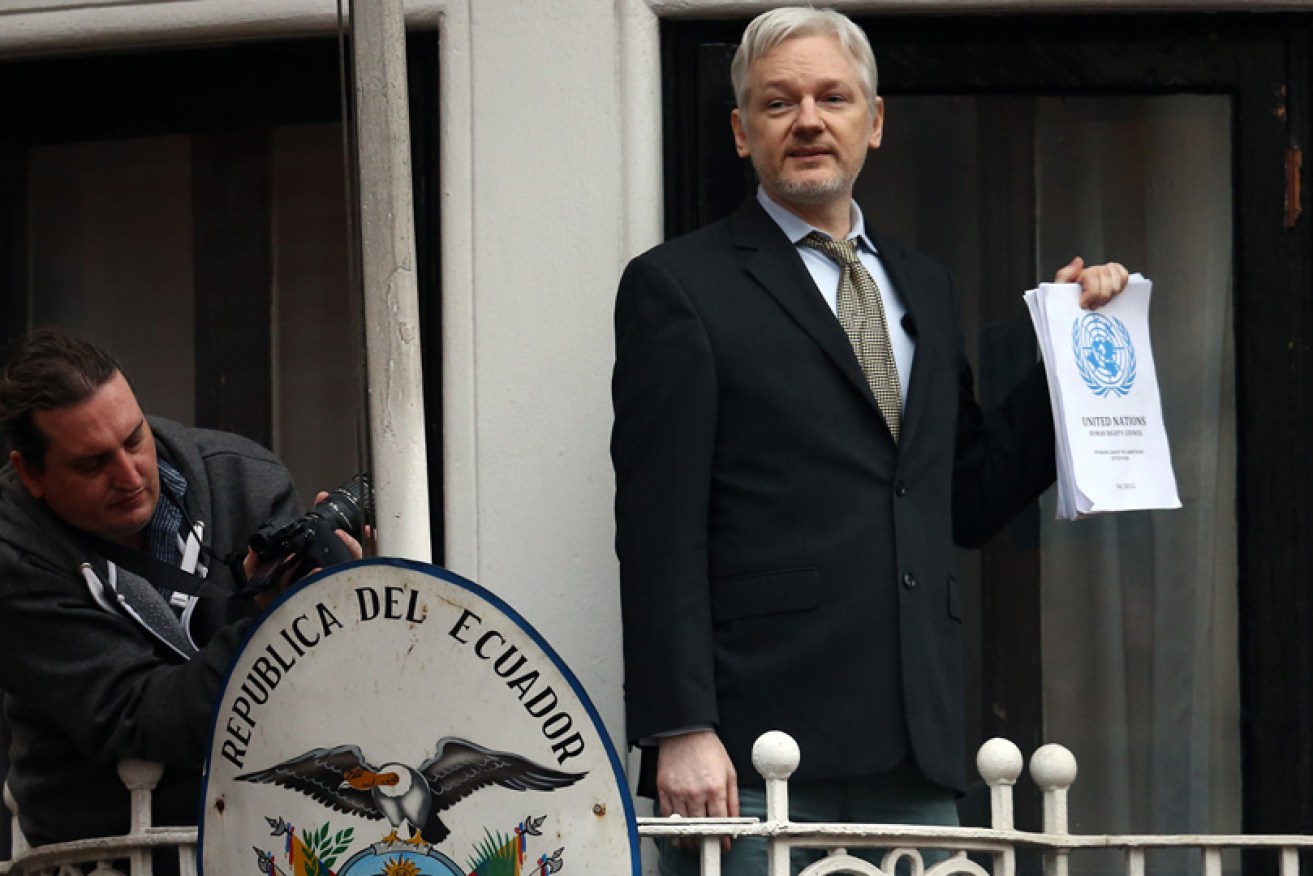 Wikileaks founder Julian Assange speaks from the balcony of the Ecuadorian embassy in February 2016 in London. 