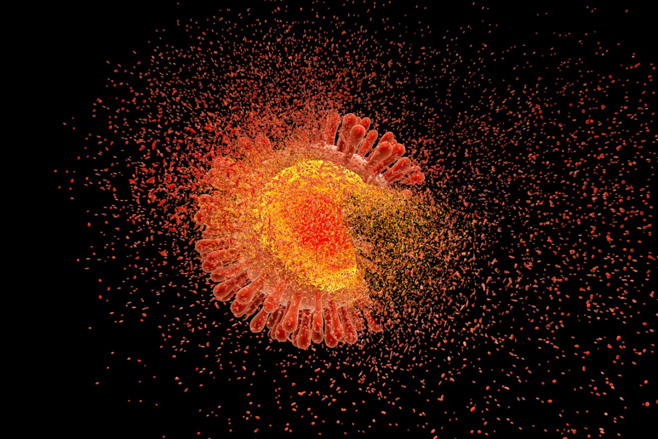 Computer-generated image of the HIV virus being destroyed. Finally, scientists have done it for real. 