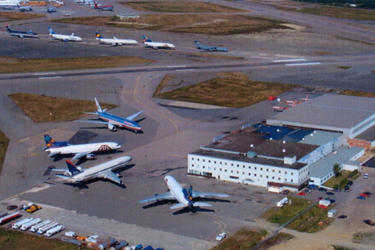 Planes line the tarmac at the tiny Gander airport in Canada on September 11, 2001.