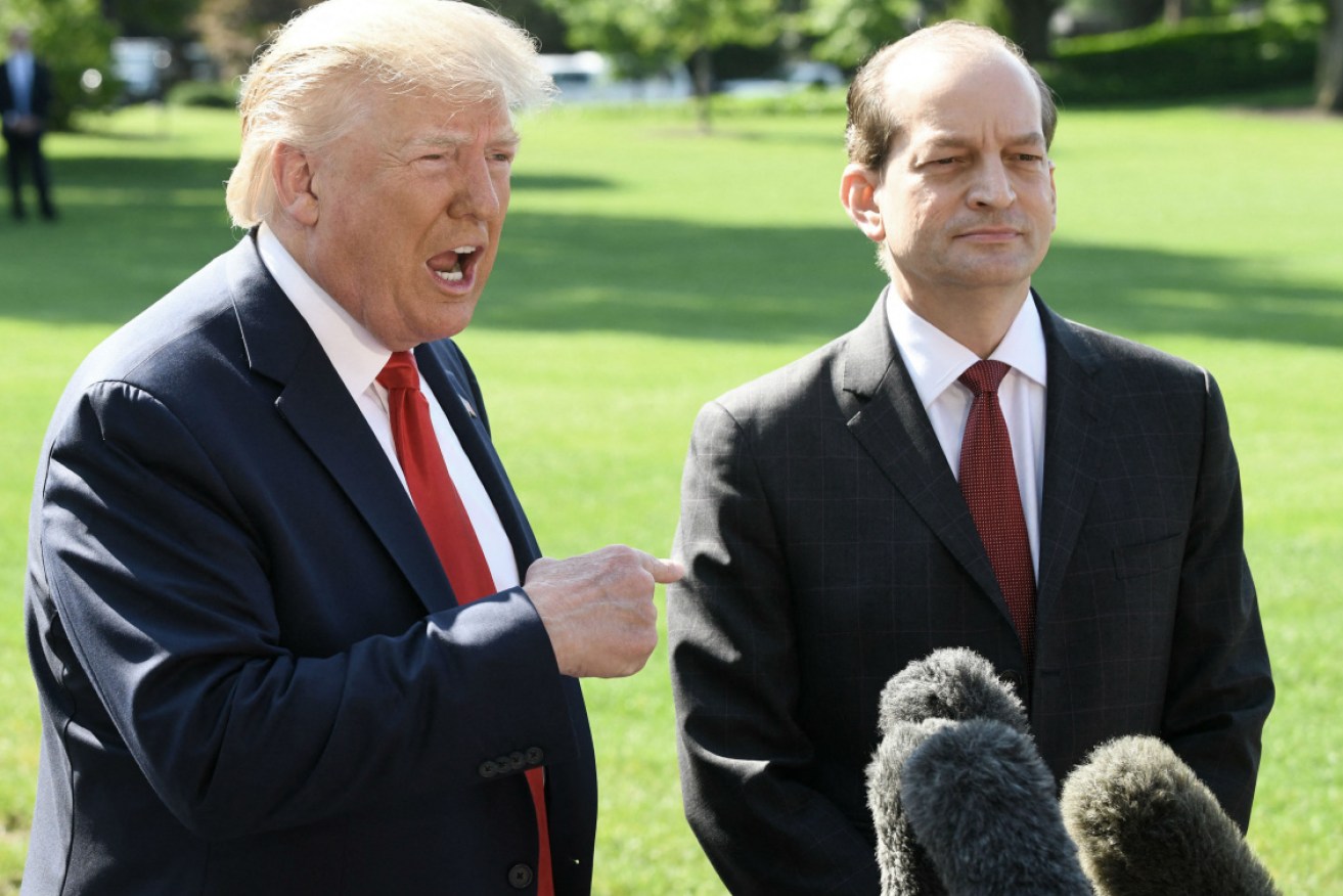US president Donald Trump joins Alexander Acosta to announce the Labor Secretary's resignation for his handling of the Epstein sex abuse case 10 years ago. 