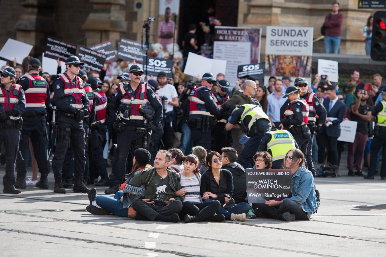 Animal rights protesters were arrested in April after blocking a busy intersection in Melbourne.