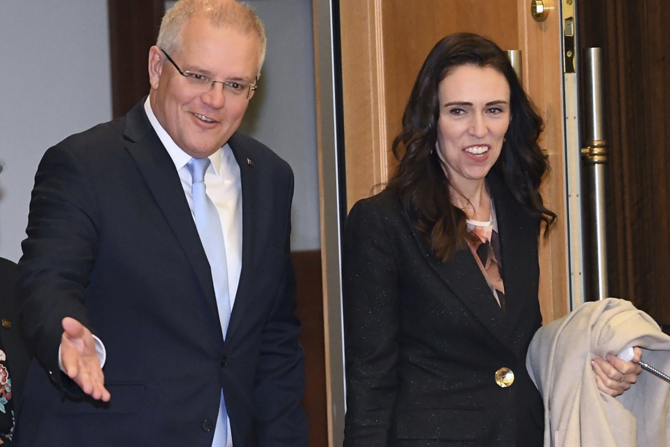 New Zealand PM Jacinda Ardern arrives with Scott Morrison before bilateral talks in Melbourne.