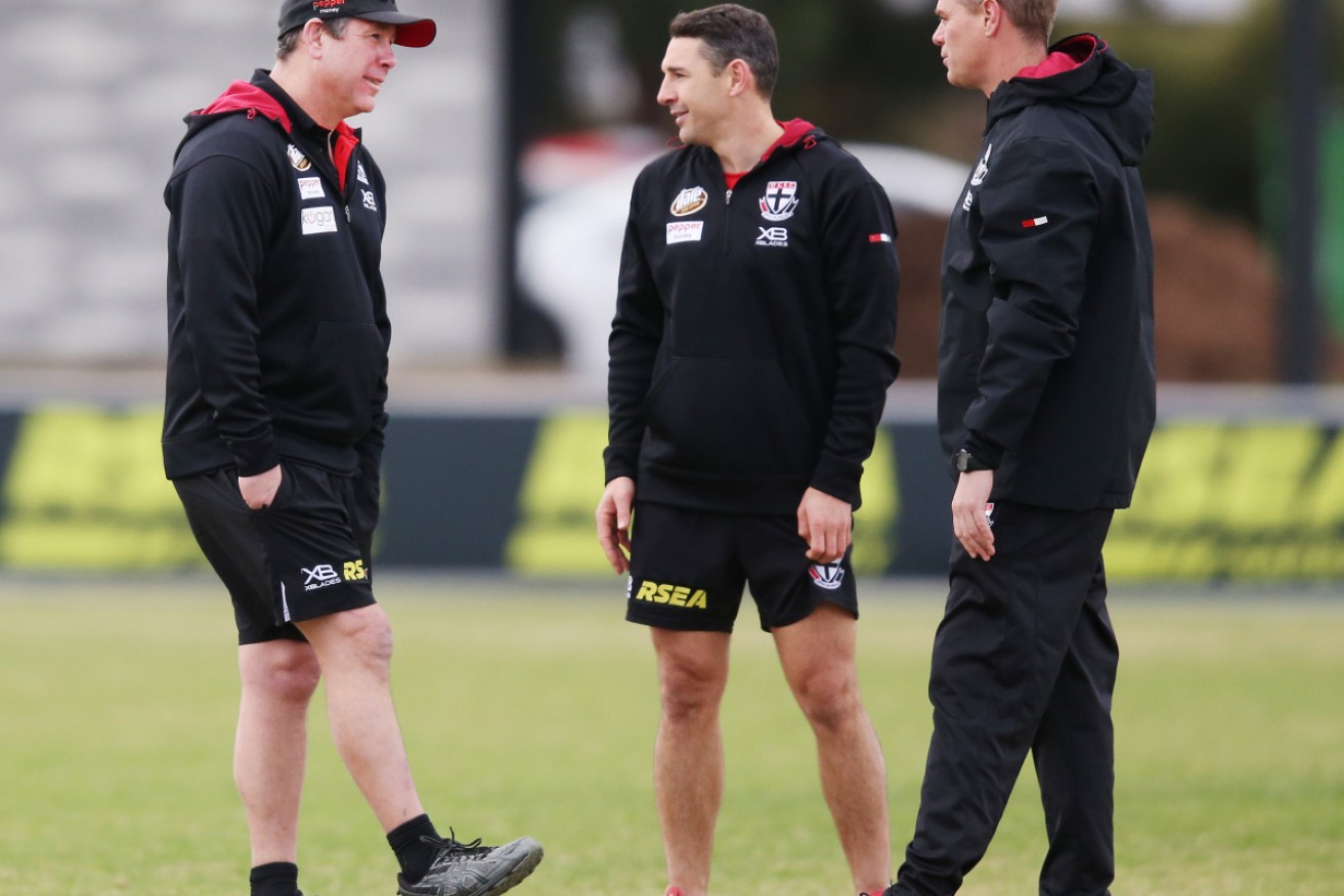 Interim St Kilda coach Brett Ratten (L) with assistant coaches this week. 