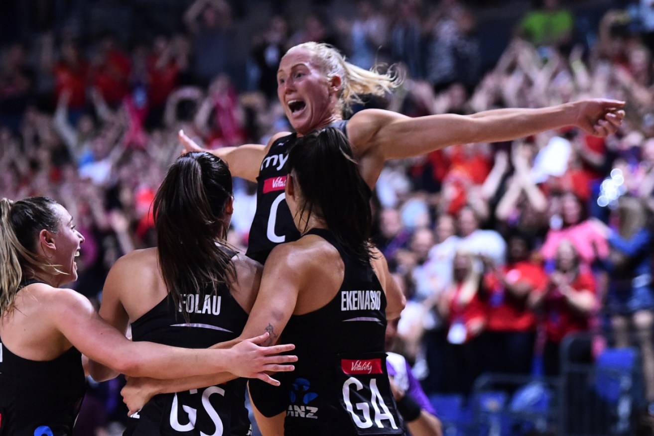 Laura Langman of New Zealand celebrates after the Netball World Cup Final match in Liverpool.