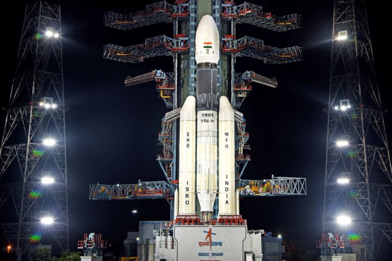 The <i>Chandrayaan-2 </i>mission vehicle at the launch pad on Monday.
