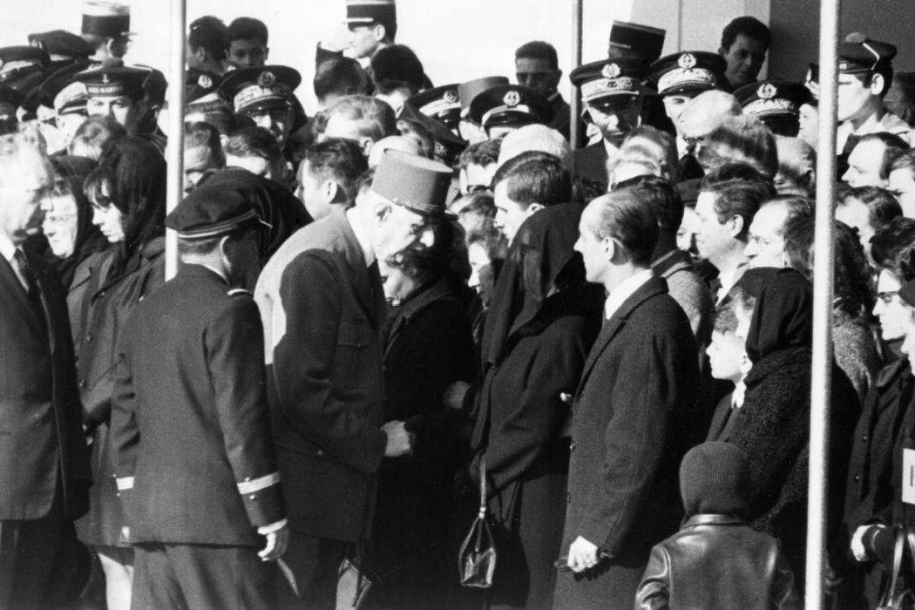 Former French president Charles de Gaulle pictured on February 9, 1968 speaking to the mothers of missing marines on board the Minerve.