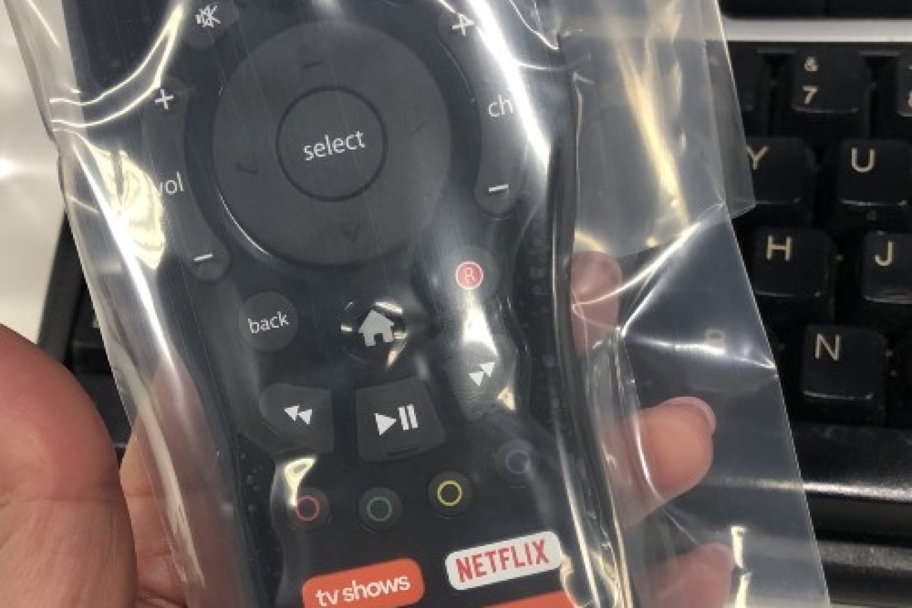 An image of Foxtel's new remote with a built-in Netflix button. It's believed the remote will be offered at varying prices, depending on a subscriber's situation and package. <i>Photo: supplied</i>