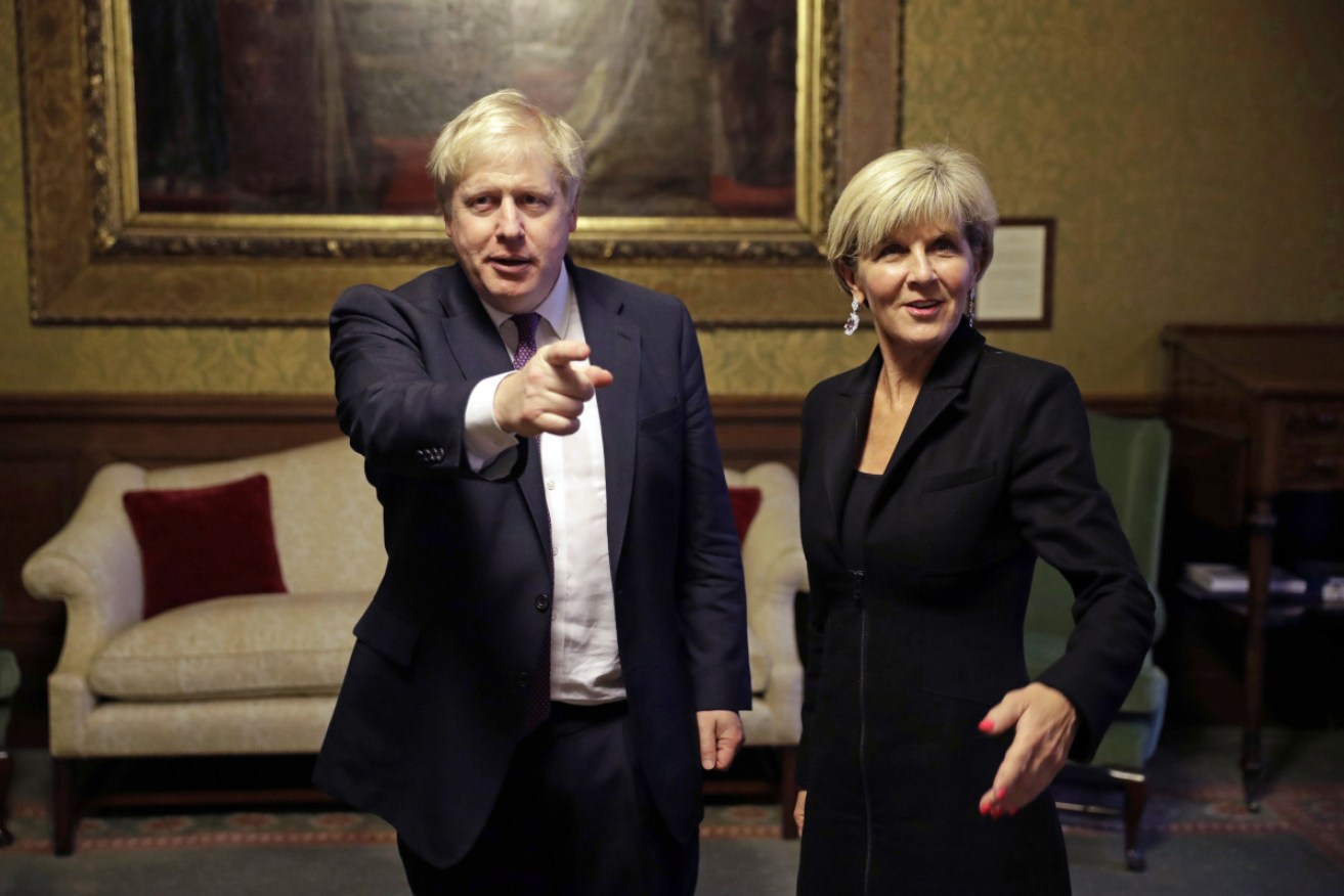 New British PM Boris Johnson with Julie Bishop in London in February.