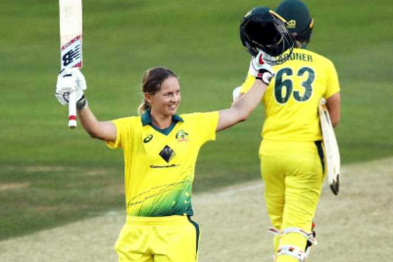 Australia's Meg Lanning celebrates her century during the Ashes T20 at The Cloudfm County Ground in Chelmsford on Friday.