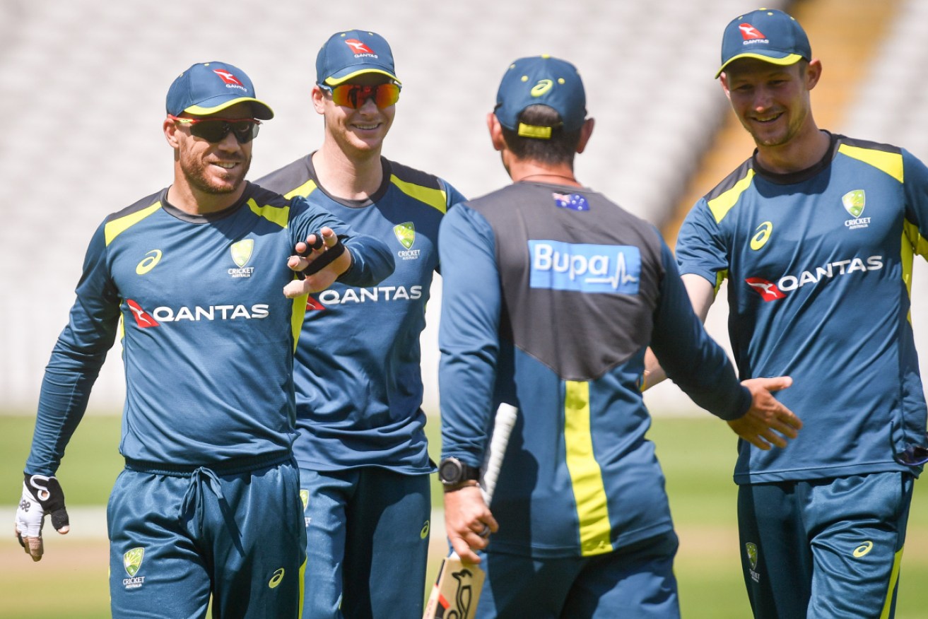 David Warner, Steve Smith and Cameron Bancroft at a last training session before tonight's Ashes start.