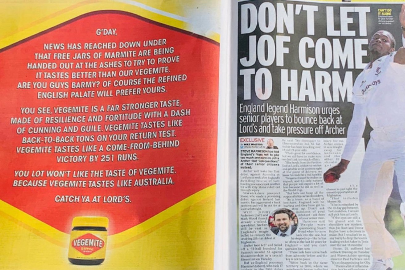Vegemite's provocatively worded ad steps up the Ashes sledging.