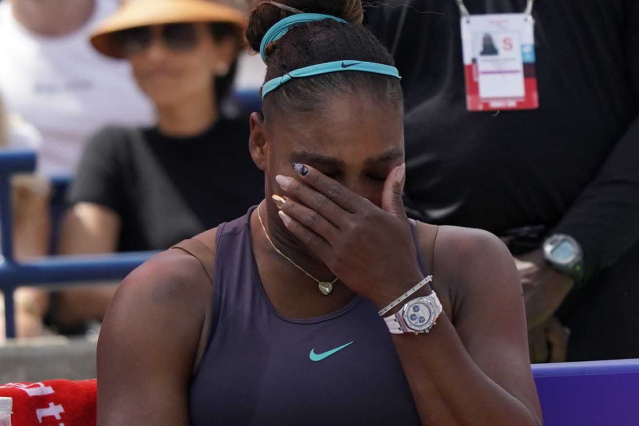 A teary Serena Williams after withdrawing from the Rogers Cup final.