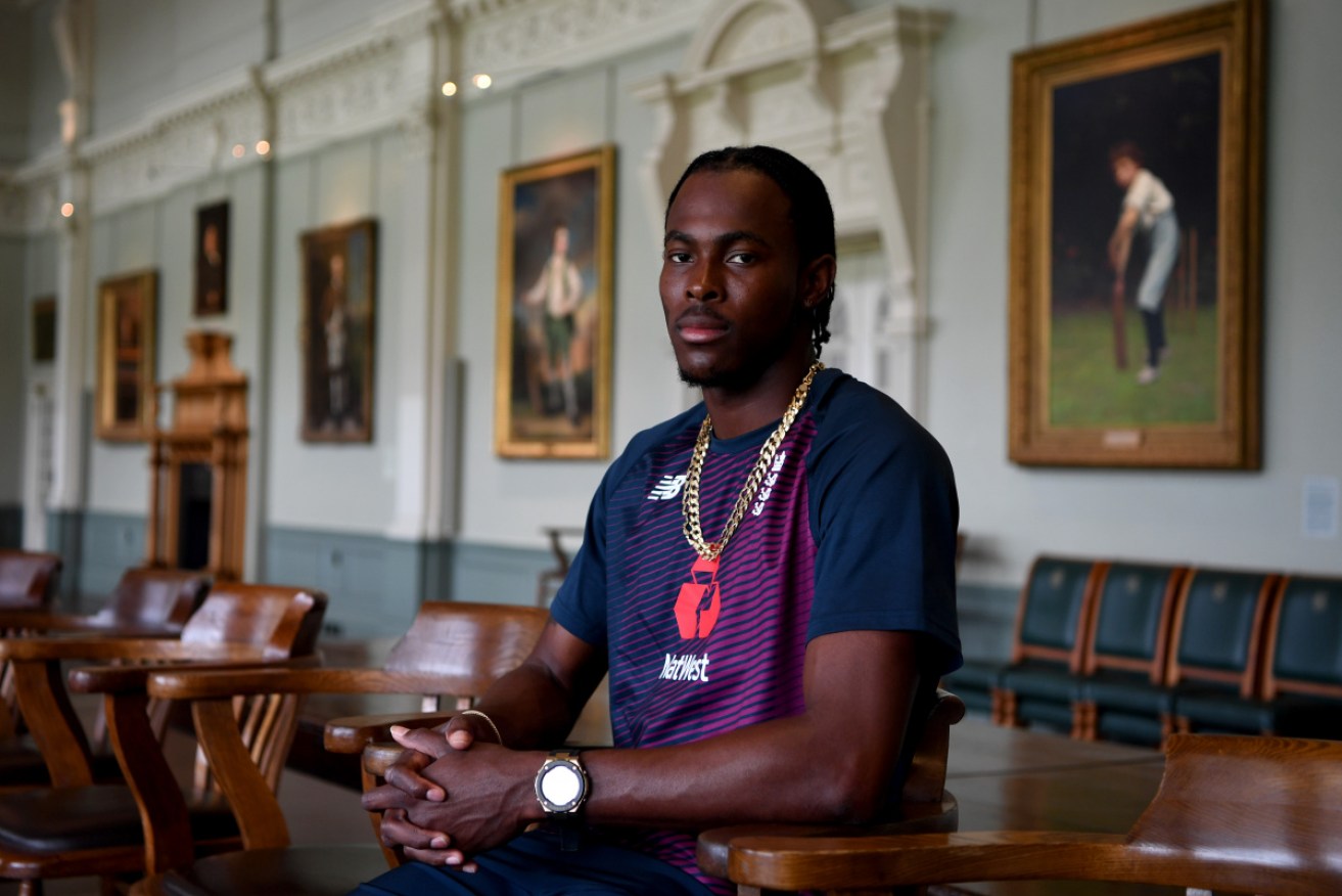 England's pace hope Jofra Archer of England poses in the Long Room at Lord's Cricket Ground on Monday. 