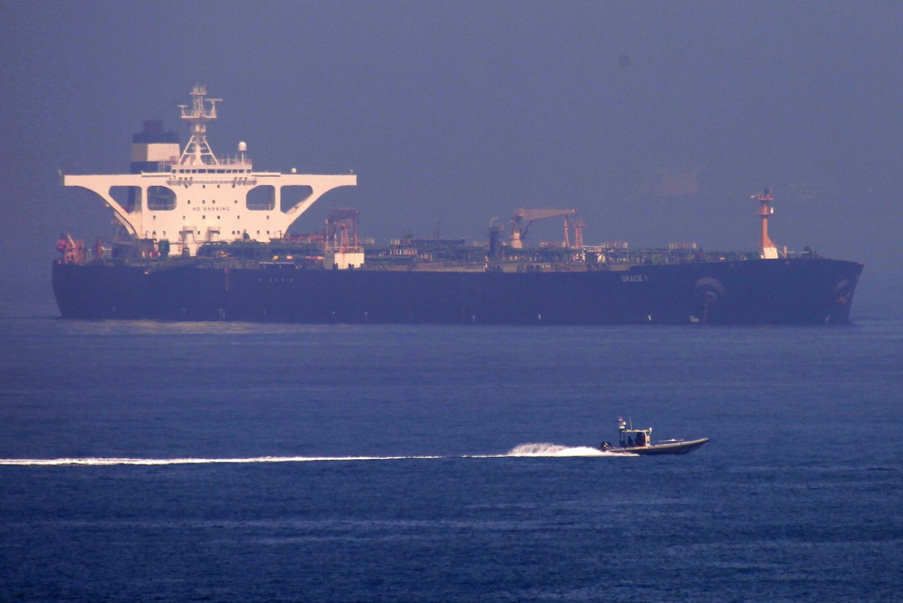 The Iranian oil supertanker Grace 1 in the Strait of Gibraltar in southern Spain on August 16.