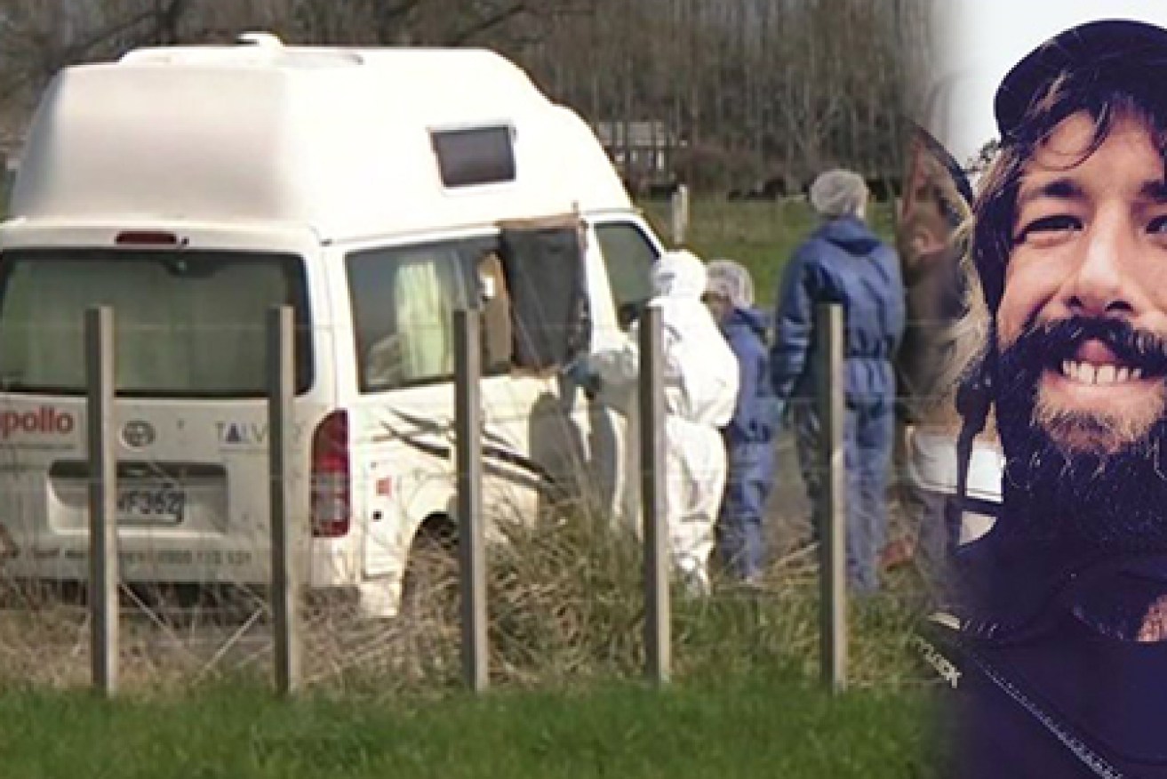 Police surround Mr McKinnon's and Ms Buckley's stolen campervan after it was found following his killing. 