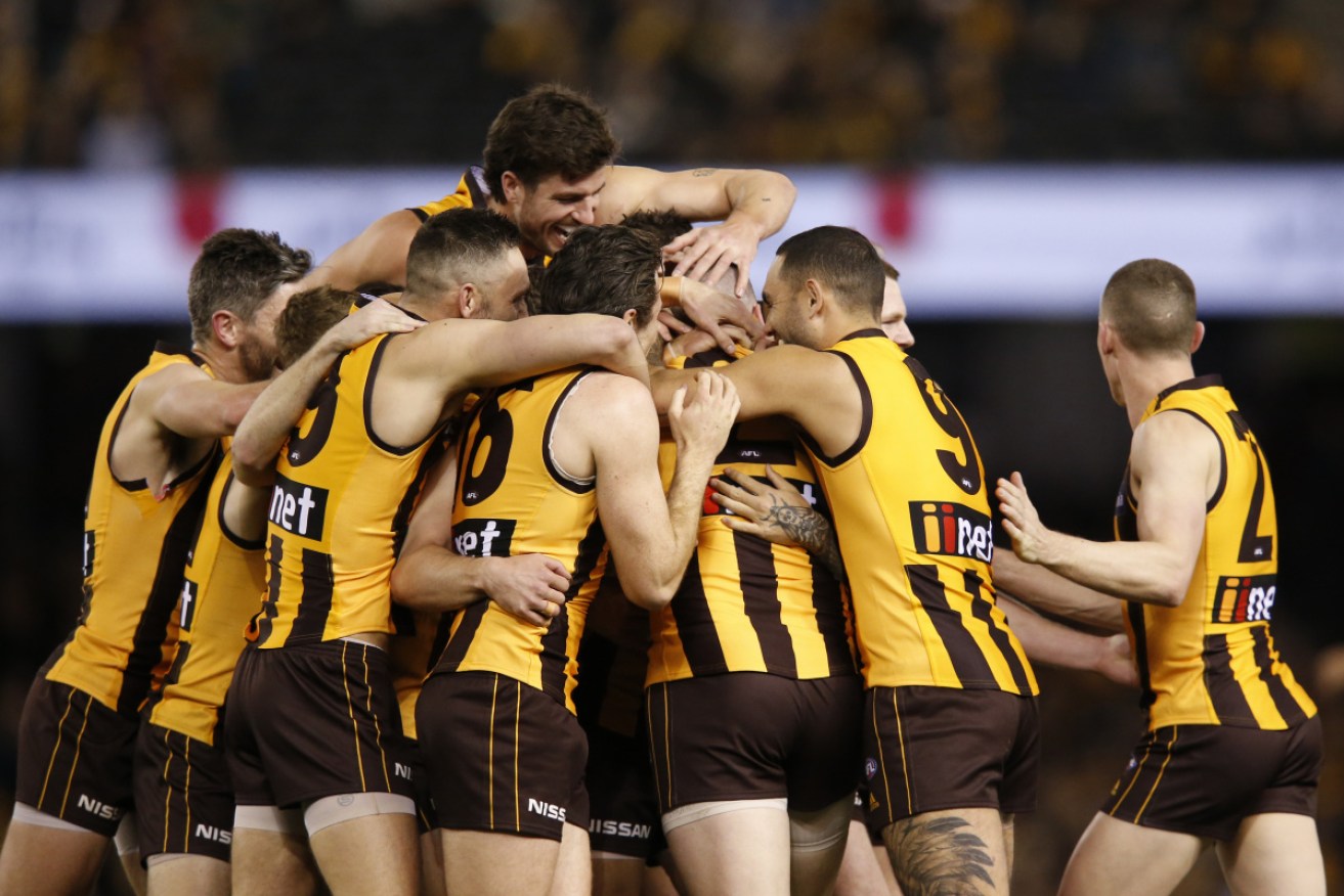 Hawthorn fans mob Jarryd Roughead after the veteran kicked a goal in the first quarter of his last game. 