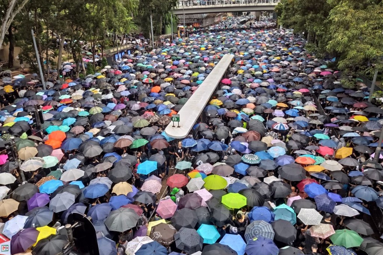 Thousands of demonstrators gather at Hong Kong's Victoria Park area.
