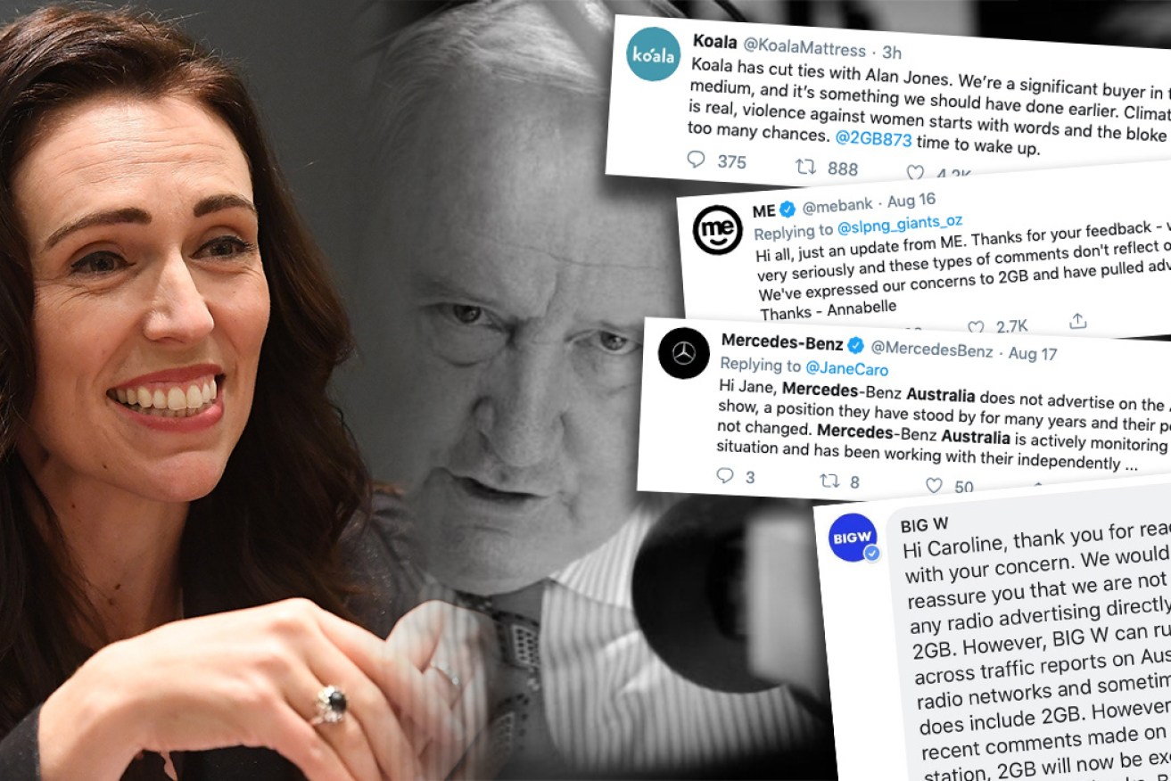Companies say they don't want to be associated with Alan Jones after his comments about Jacinda Ardern. 