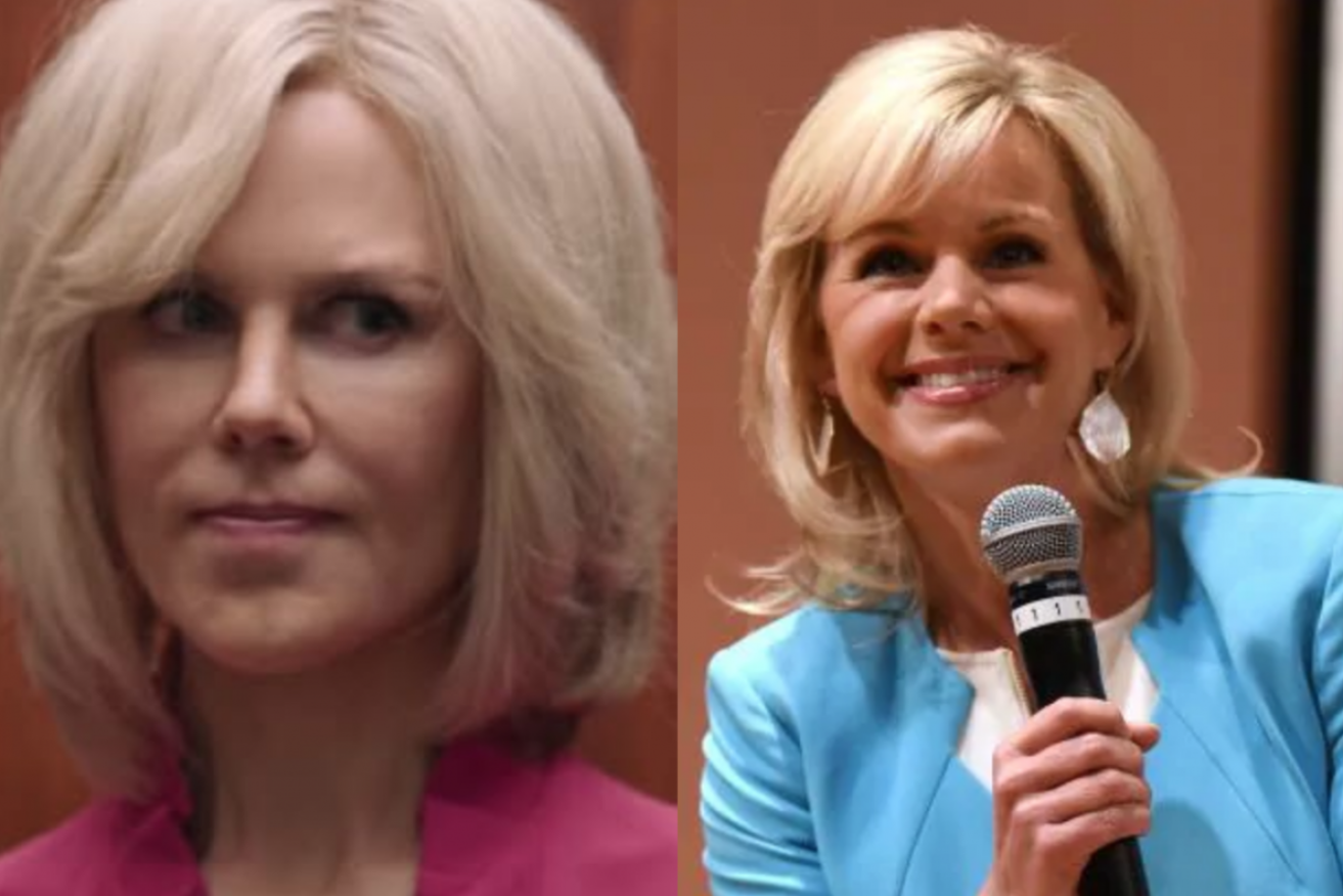 Nicole Kidman (left) as former Fox News anchor Gretchen Carlson (the real person, right) in <i>Bombshell.</i>