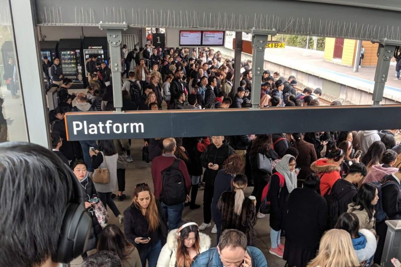 A crowded platform in Rhodes after delays on the Sydney Trains network.