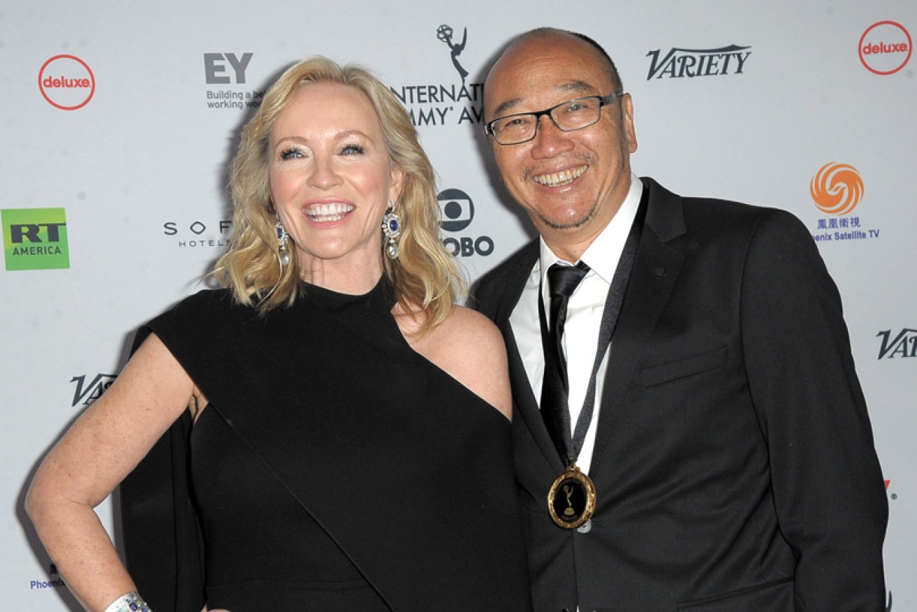 Rebecca Gibney with <i>Clickbait</i> creator Tony Ayres at an Emmys event in New York in 2017.
