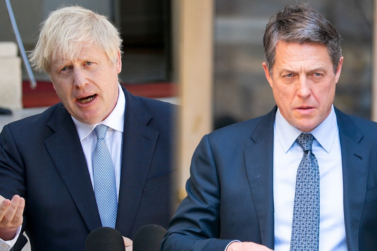 Actor Hugh Grant (right) let rip on social media after British PM Boris Johnson's shock move.