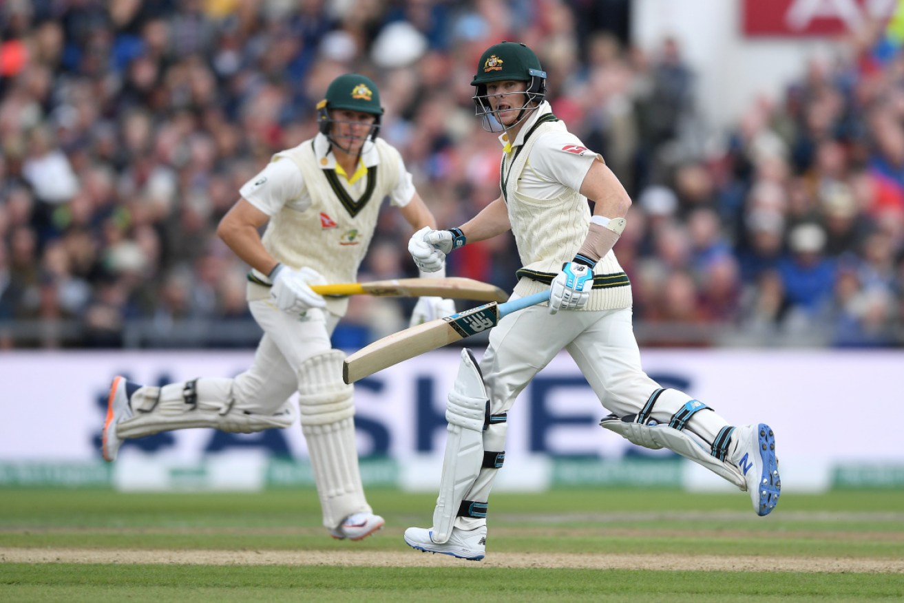 Steven Smith and Marnus Labuschagne during their partnership in the fourth Test at Old Trafford. 