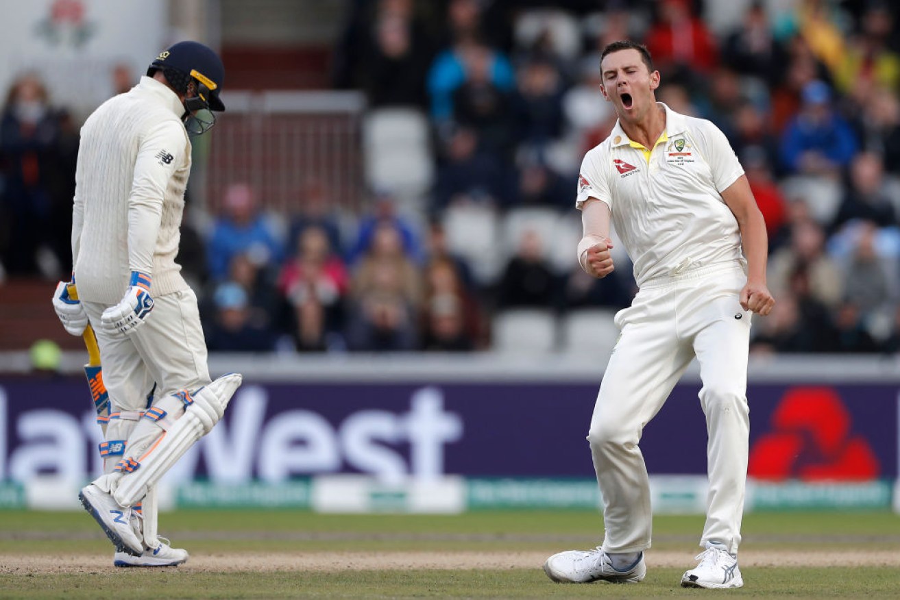 Josh Hazlewood celebrates after taking the wicket of England's Jason Roy on day three of the fourth Ashes test. 
