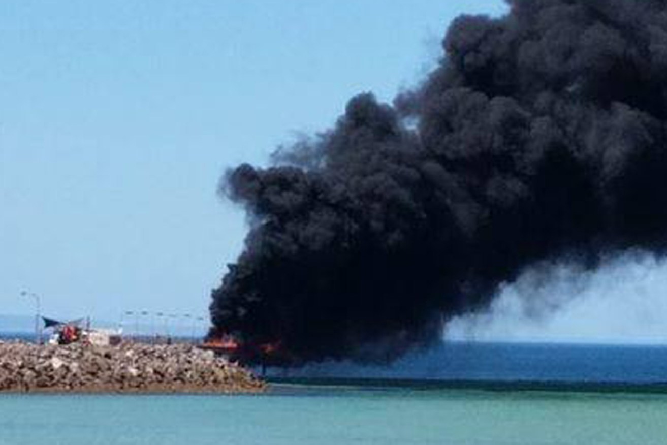 Whyalla jetty on fire on Wednesday afternoon.