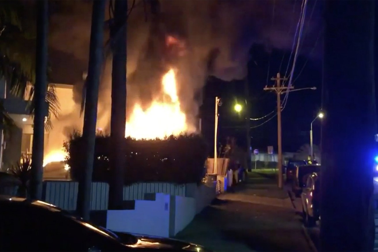 The yacht burning in the Hurstville front garden. <i>Video: NSW Police</i>