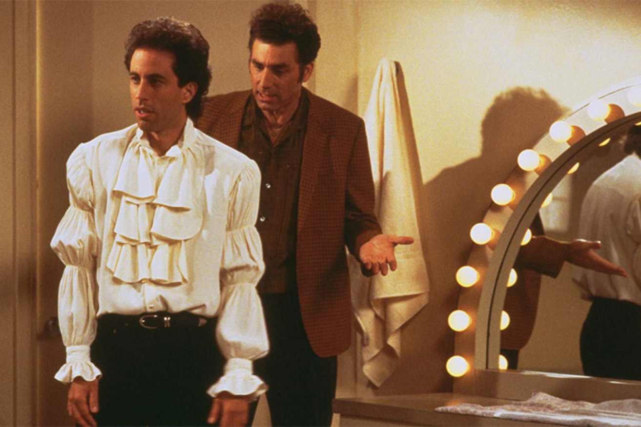 Jerry (Jerry Seinfeld) and Kramer (Michael RIchards) ponder the infamous puffy shirt in <i>Seinfeld.</i>