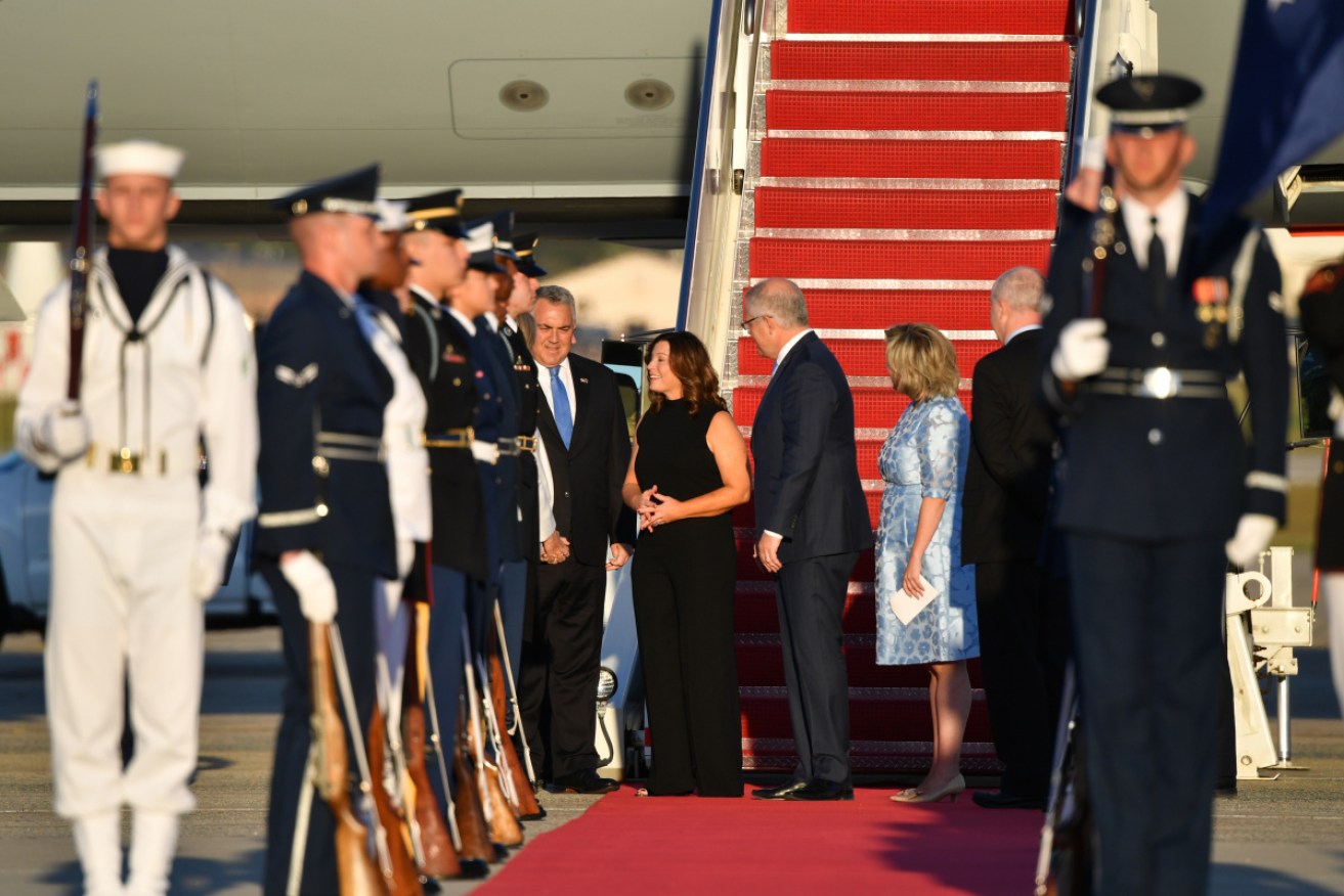 Scott Morrison and wife Jenny arrive at Andrews Airforce Base in Washington on Thursday local time.