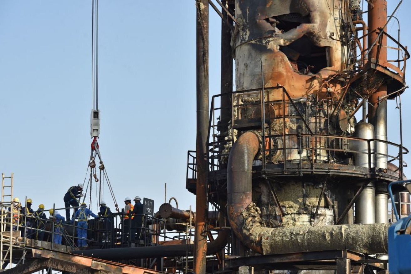 A damaged installation in Saudi Arabia's Abqaiq oil processing plant.