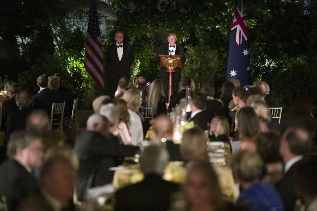 With champagne glasses clinking, Mr Trump delivers an opening speech at an opulent Rose Garden state dinner.