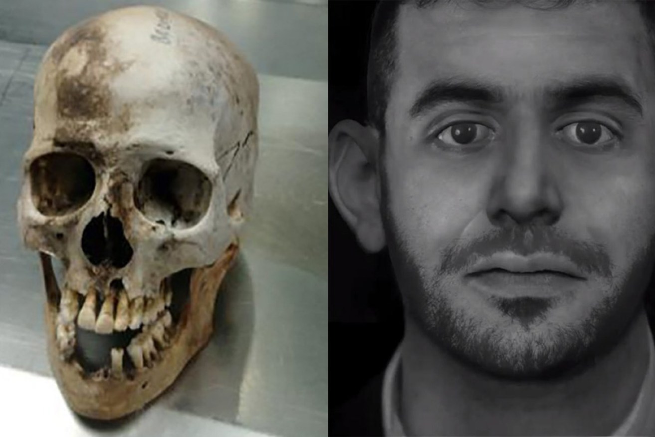 The skull found in bushland in NSW, and the reconstruction of its face.