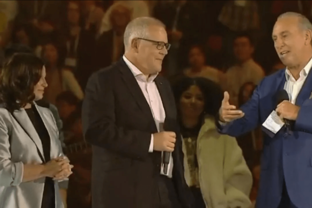 PM Scott Morrison and wife Jenny with Pastor Brian Houston, right.