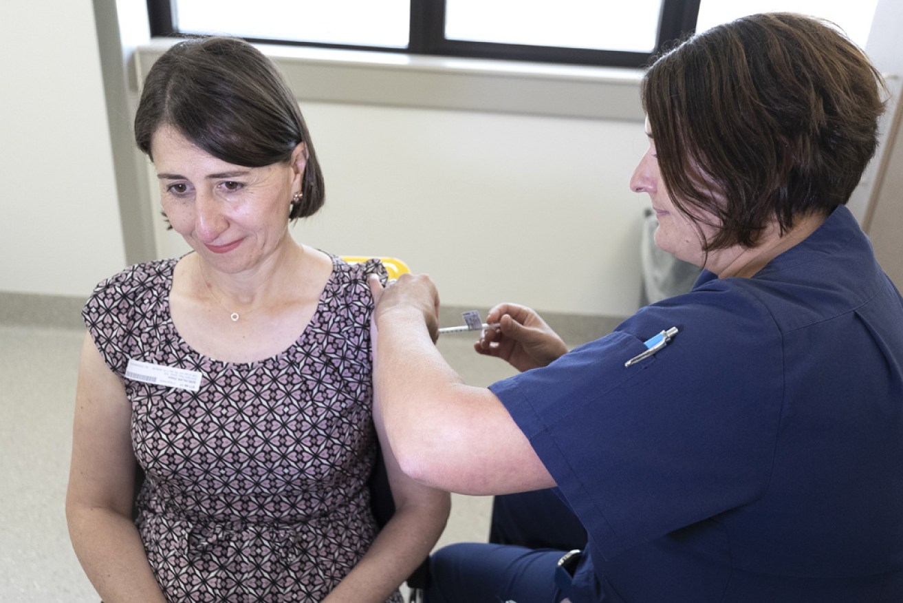 Gladys Berejiklian receives her first dose of the AstraZeneca COVID vaccine.