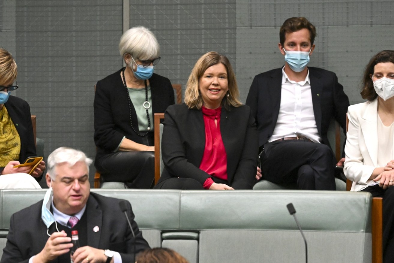 Liberal MP Bridget Archer (centre) with independent MPs after crossing the floor on Thursday.