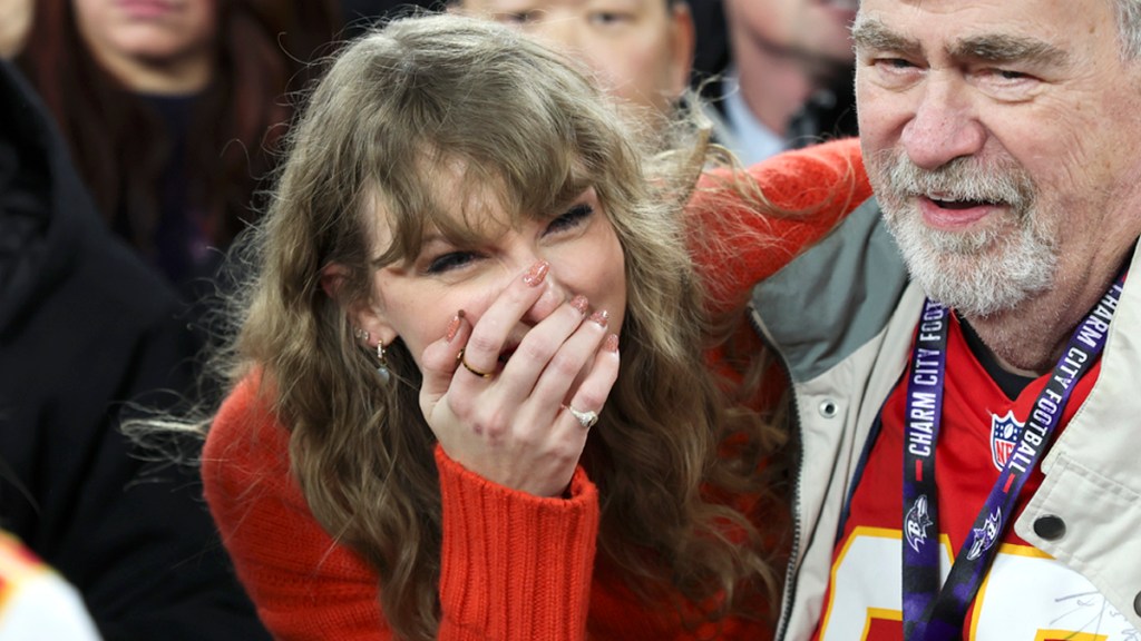 BALTIMORE, MARYLAND - JANUARY 28: Taylor Swift celebrates after the AFC championship game between the Kansas City Chiefs and the Baltimore Ravens at M&T Bank Stadium on January 28, 2024 in Baltimore, Maryland. (Photo by Kara Durrette/Getty Images)