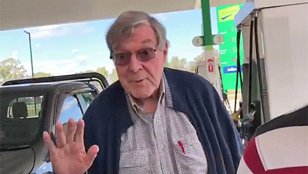 George Pell at a petrol station between Victoria and New South Wales earlier this year following the acquittal. 