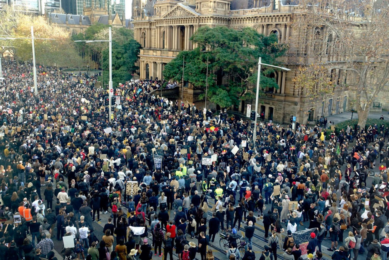 The crowd at the Black Lives Matter protest in Sydney on Saturday.