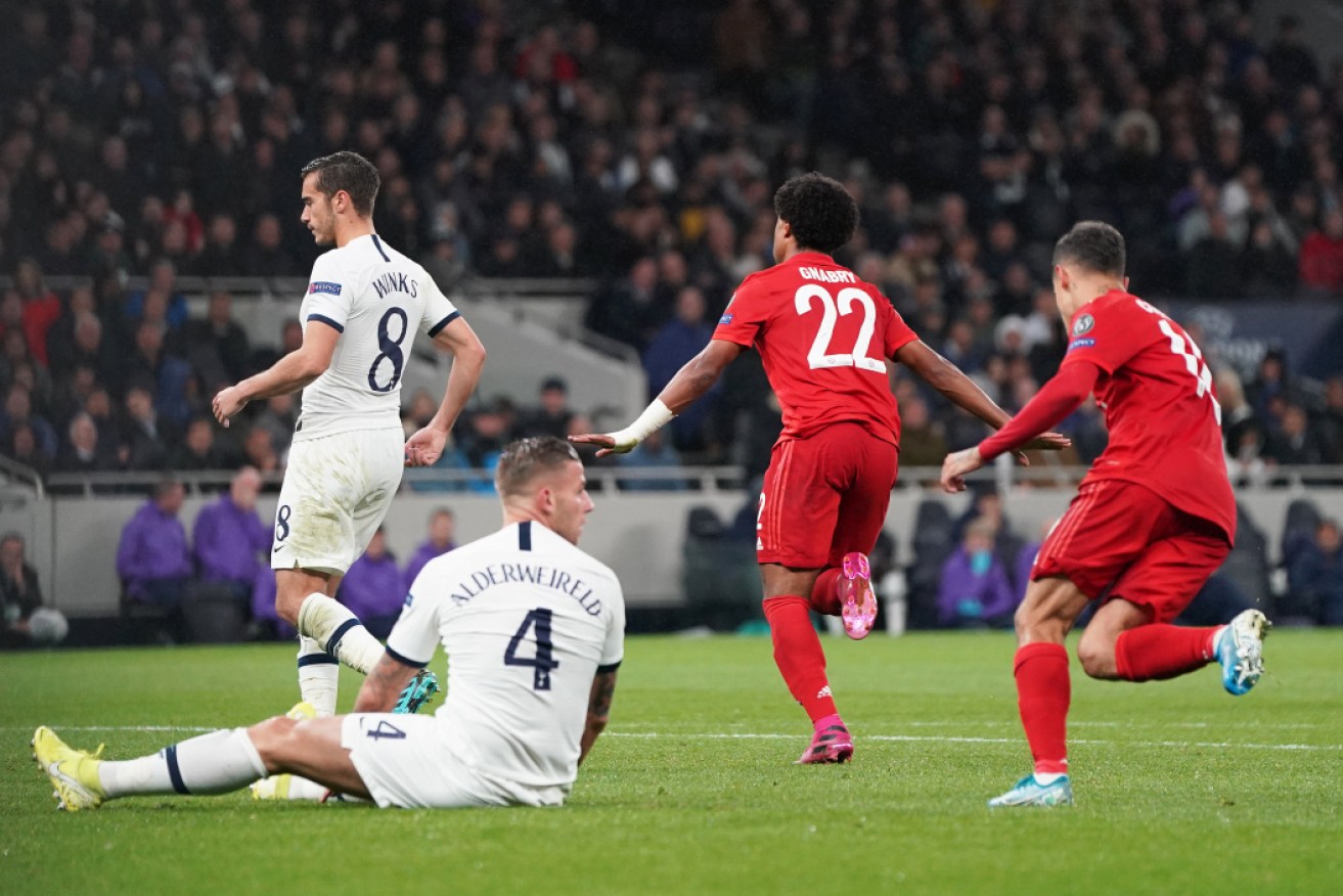 Bayern Munich's Serge Gnabry celebrates scoring against Spurs.