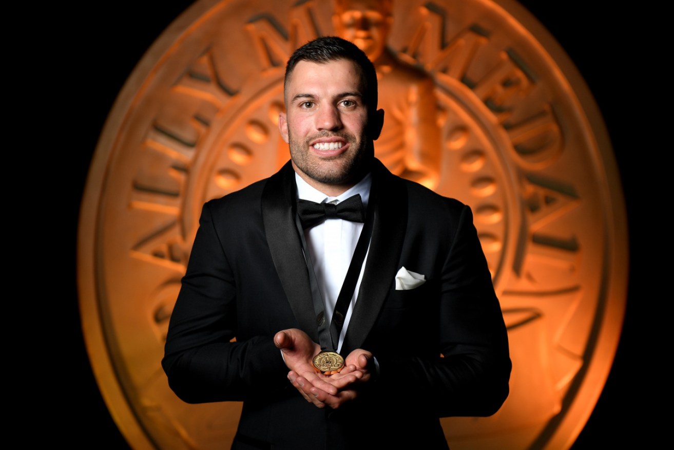 Roosters star James Tedesco poses with his Dally M Medal at Sydney’s Hordern Pavilion on Wednesday.