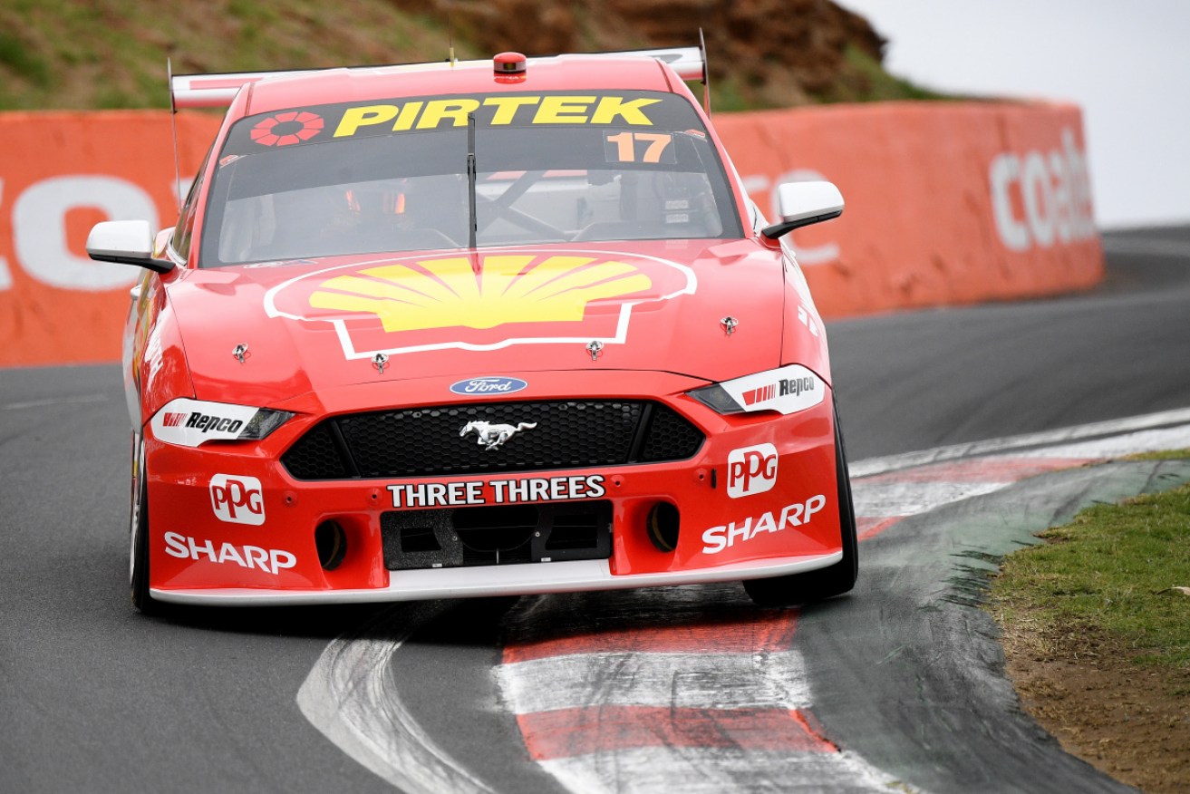 The Mustang of Scott McLaughlin heads ver the mountain at Bathurst on its way to another lap record. 