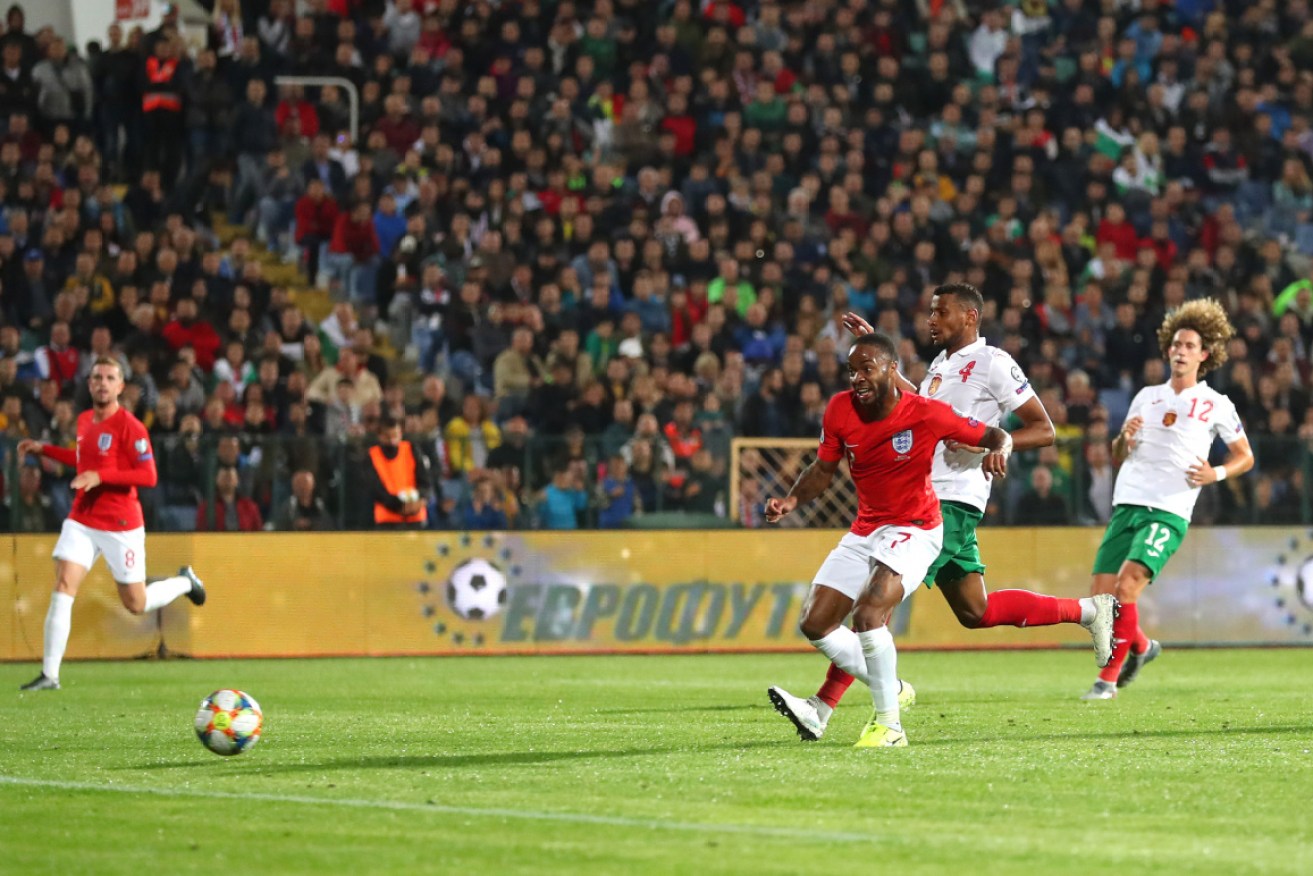 Raheem Sterling of England scores his side's fifth goal during the Euro 2020 qualifier against Bulgaria.