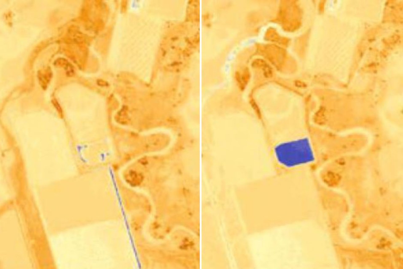 Satellite image of a filled dam, in the Namoi, one of 29 found between March 31 and April 5.
