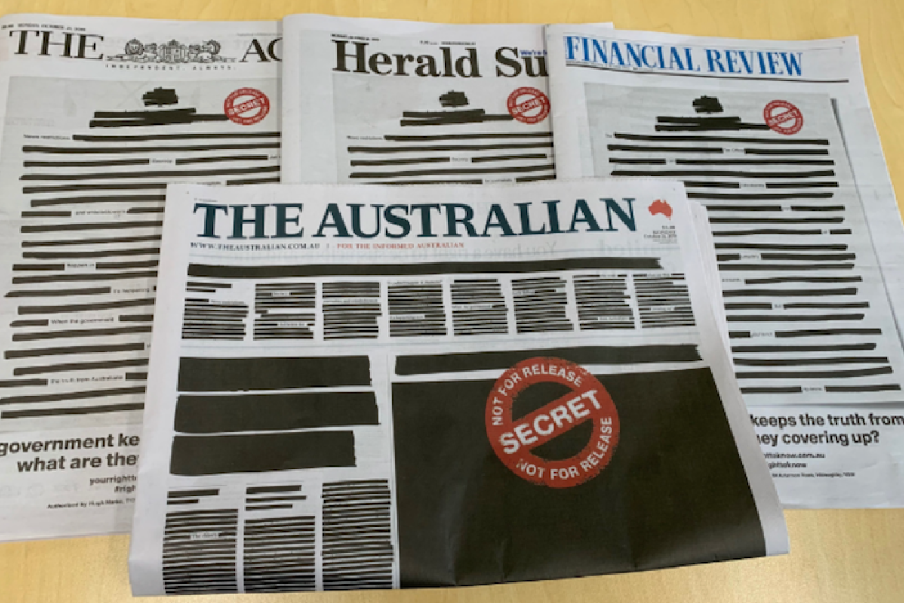 Newspaper front pages were blacked out on October 21 to demonstrate the impact of government secrecy.